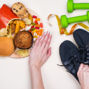 Image showing a person discarding junk food, preparing workout gear, and enjoying a healthy meal, symbolizing a commitment to weight loss strategies and a healthier lifestyle-weight loss strategies