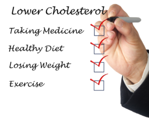 Illustration of practical steps to reduce high cholesterol, including exercise, balanced meals, and stress management
