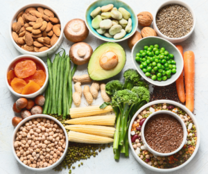 A variety of plant-based protein sources such as beans, lentils, tofu, quinoa, and nuts