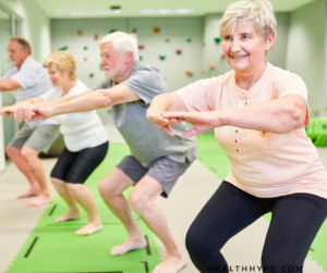 Older adults performing squats as part of strength training to manage arthritis